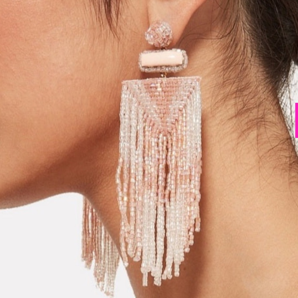 Beaded Fringe Drop Earrings - Blush Pink